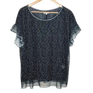 Polka Dot Ruffled Mesh Short Sleeve Top Black Womens 1X Max Studio Preppy Work